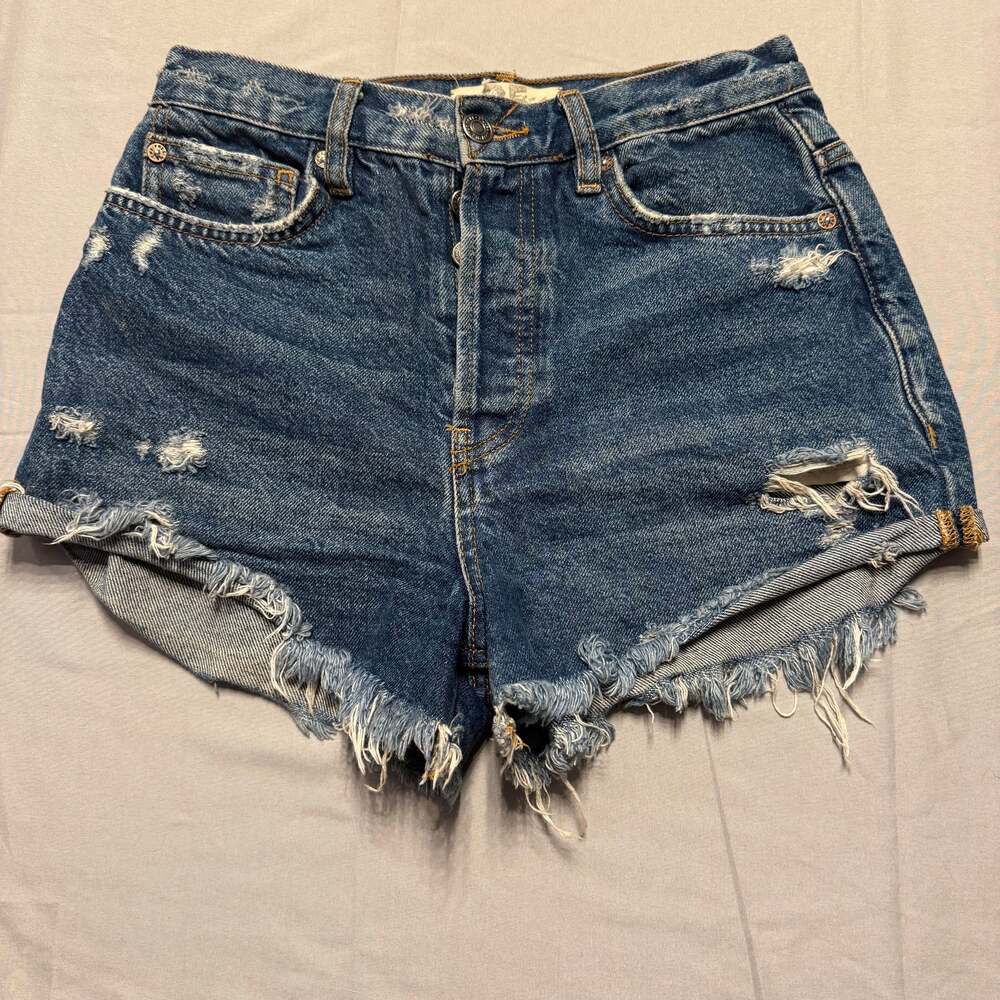 Free People We The Free Blue Denim Distressed Lasso Shorts